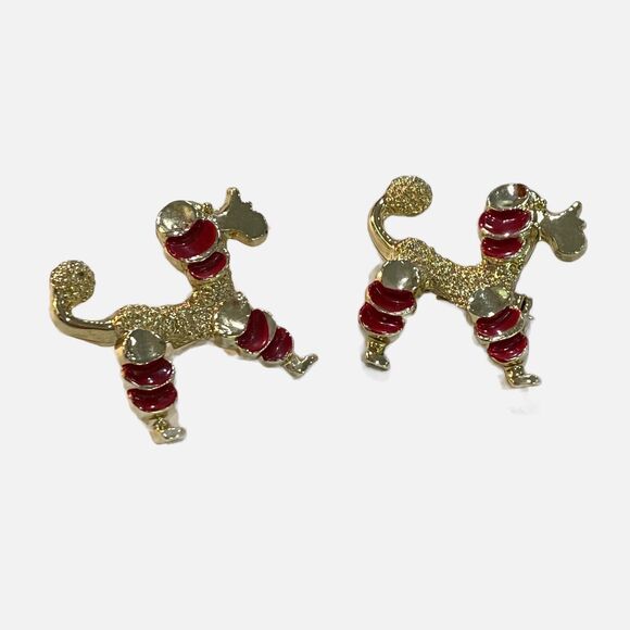 Mid Century Poodle Scatter Pins Pair Goldtone & Red Enamel Doggie Puppy Brooches - Picture 4 of 9